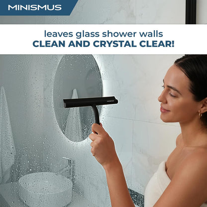 Minismus Shower Squeegee with Magnetic Hook - Silicone Window Wiper with Adhesive Wall Mounted Hanger - Shower Squeegee for Glass Doors - Rubber Squeegee - Shower Glass Cleaner (8.25 inches, Black)