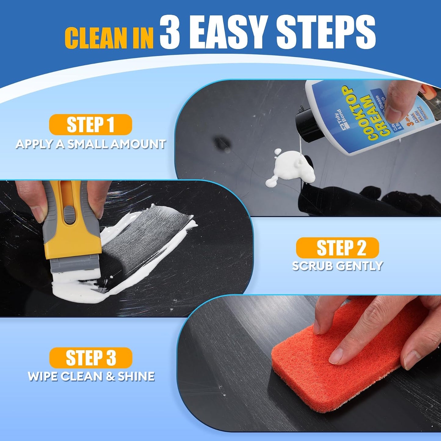 Glass Cooktop Cleaner & Polish Kit – Heavy Duty Stove Top Cleaner with Scraper & Scrubbing Pad, Removes Burnt-On Food, Grease & Tough Stains, Safe for Induction, Electric & Ceramic Cooktops – 8.8 oz