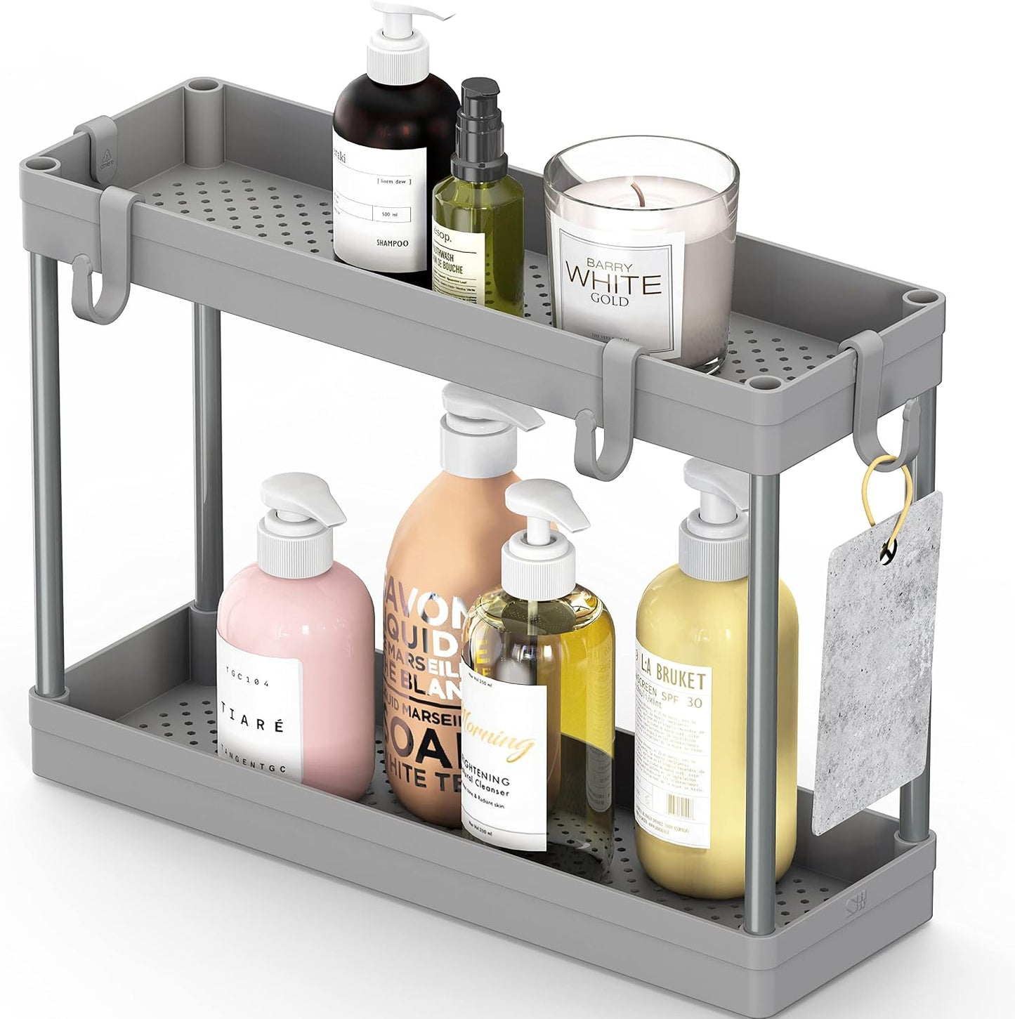 Simple Houseware 2-Tier Under Sink Organizer Storage Tray with Hooks, White
