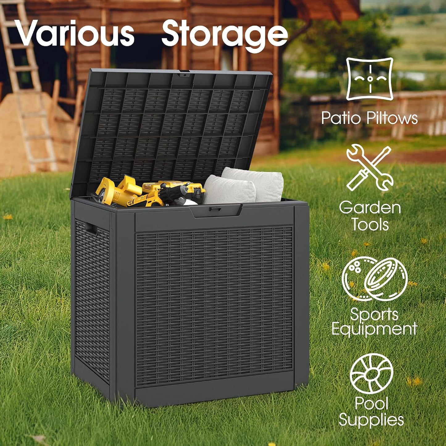 KAMABOKO 31 Gallon Outdoor Storage Box, Resin Deck Boxes Indoor and outdoor, Waterproof Storage Box Lockable Lid for Garden Tools, Package Delivery, Pool Supplies, Patio Cushions, Black