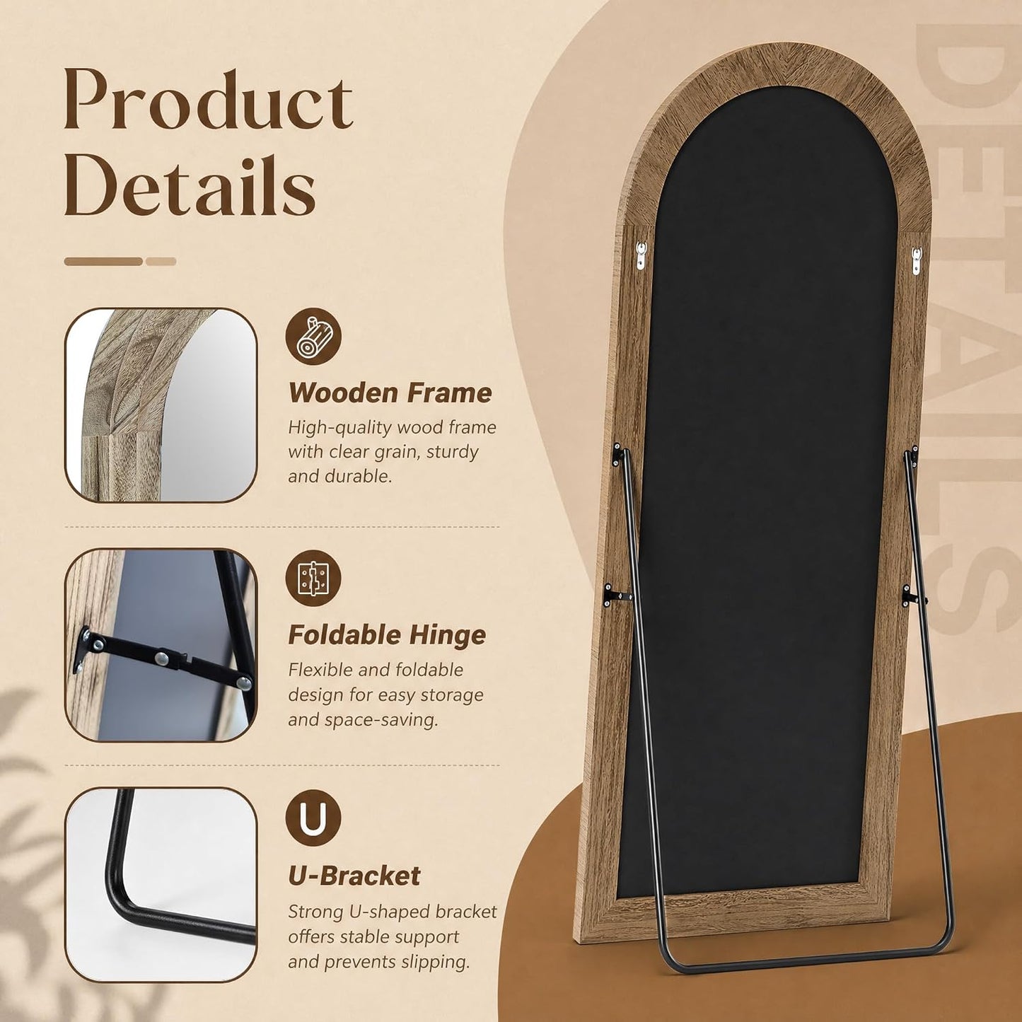 XRAMFY Full Length Mirror 65" x 22", Arched Large Floor Mirror with Solid Wood Frame, Freestanding & Wall Mounted, Antique Brown Finish for Bedroom Living Room