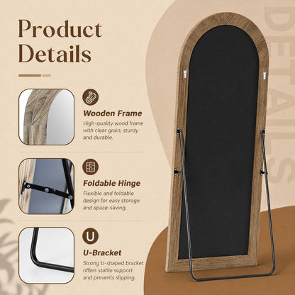 XRAMFY Full Length Mirror 65" x 22", Arched Large Floor Mirror with Solid Wood Frame, Freestanding & Wall Mounted, Antique Brown Finish for Bedroom Living Room