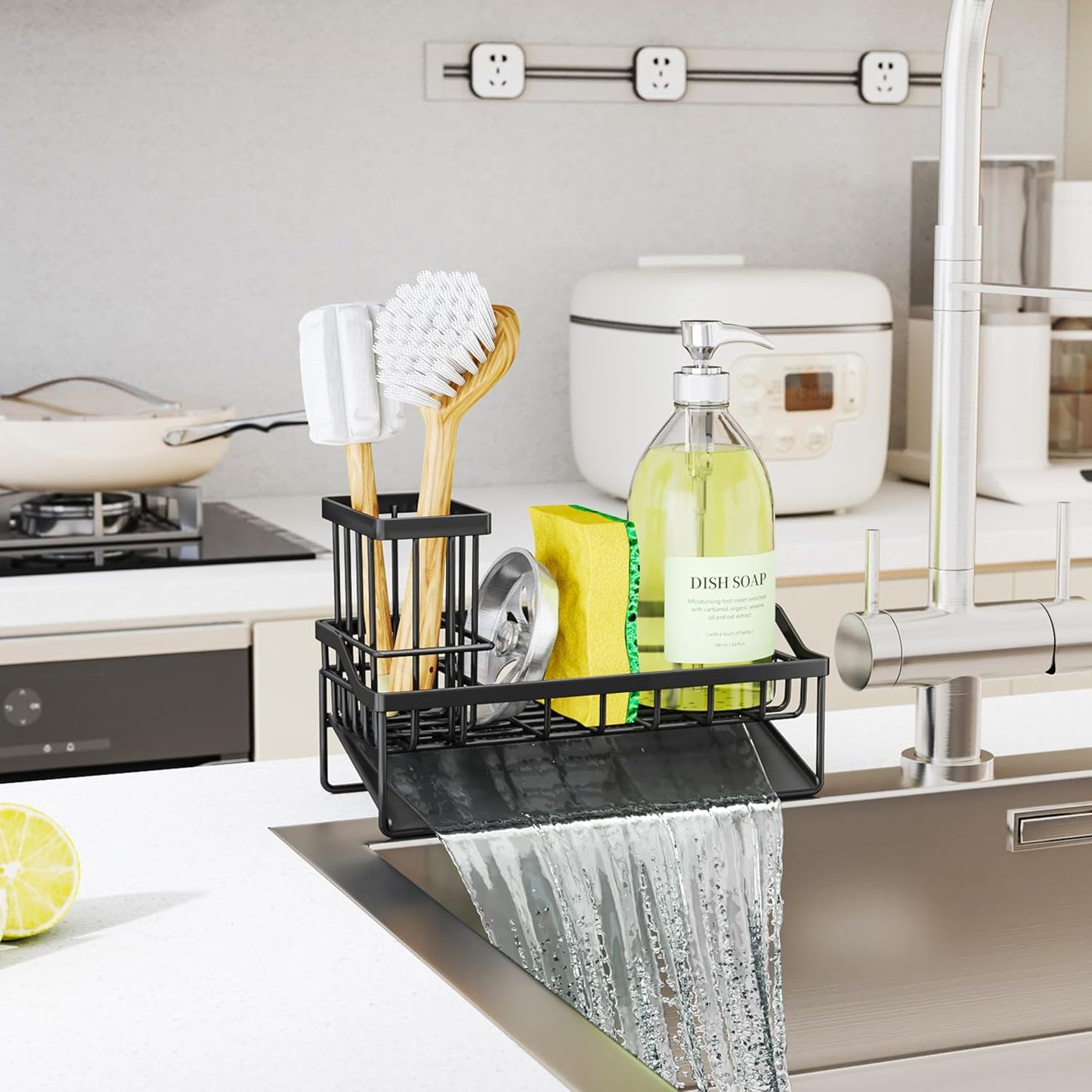 SWTYMIKI Sink Caddy Sponge Holder - Kitchen Sink Organizer with High Brush Holder for Countertop to Hold Dish Soaps and Sponges, Stainless Steel, Black