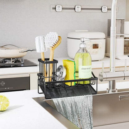 SWTYMIKI Sink Caddy Sponge Holder - Kitchen Sink Organizer with High Brush Holder for Countertop to Hold Dish Soaps and Sponges, Stainless Steel, Black