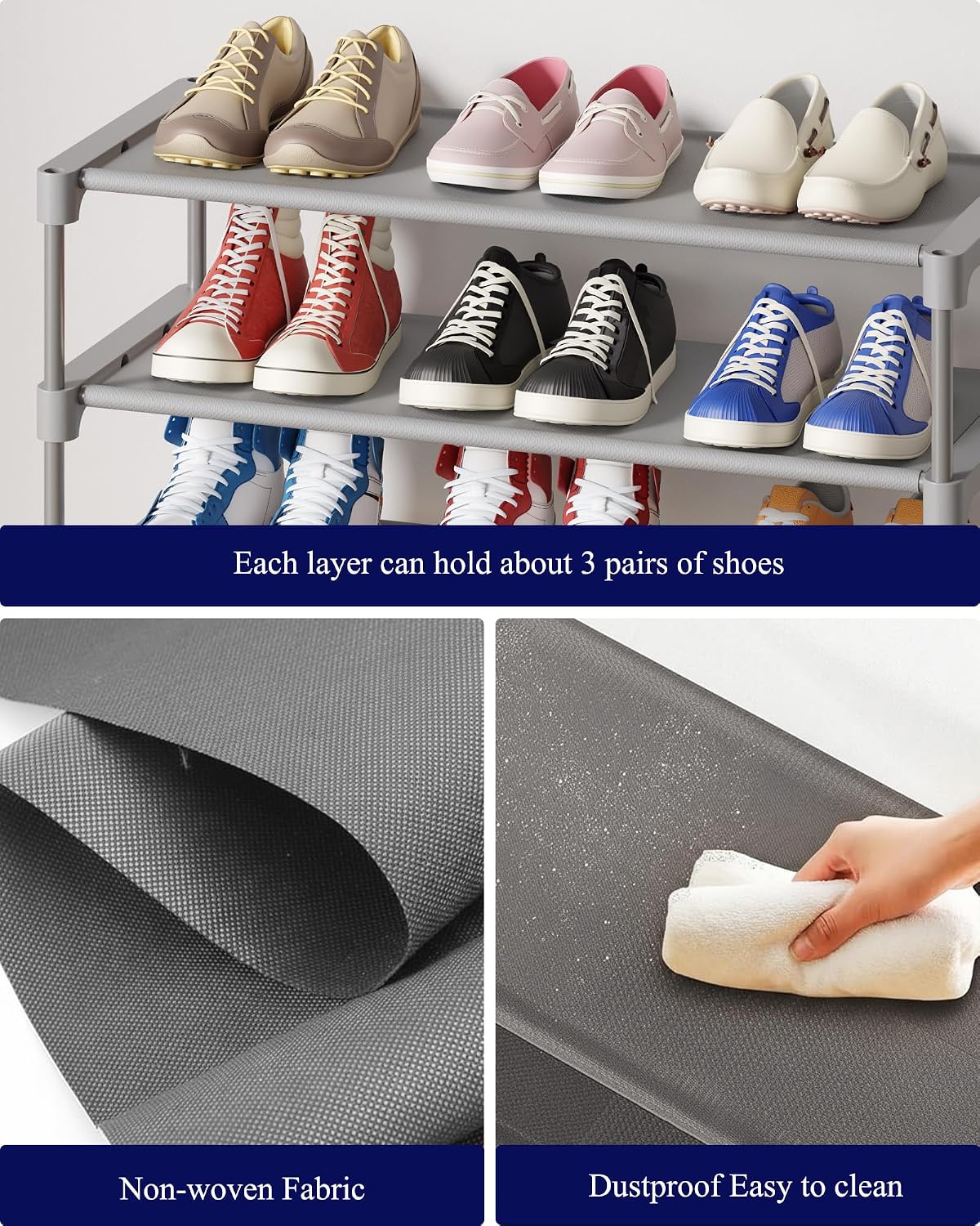 Kitsure Shoe Rack - Non-Woven Shoe Rack Shelf, Shoe Organizer for Closet, Entryway, Garage & Corridor, Stackable Shoe Shelves, 27.5" Wide - 3 Tier, Black