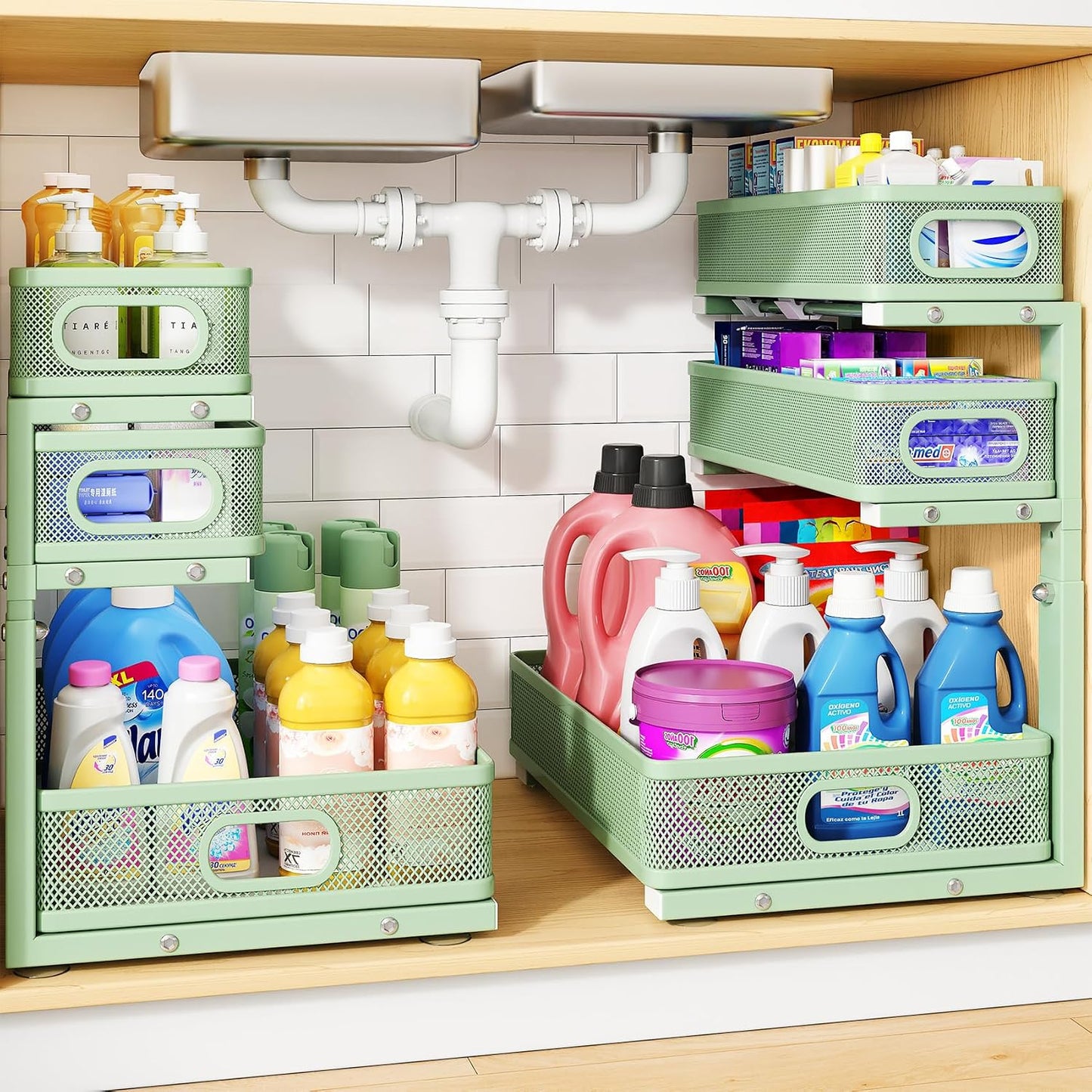 Under Sink Organizer, 2-Pack 3-Tier Thickened Metal Pull out Cabinet Organizer Shelf, Height Adjustable Slide out Storage Drawer Rack for Kitchen Bathroom Pantry Laundry Home Office Organization