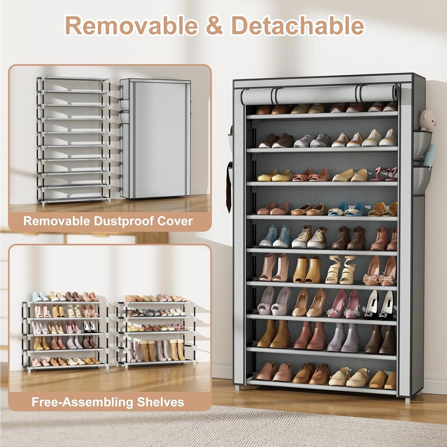 VILICK Shoe Rack with Cover Narrow Shoe Organizer with 4 Side Pockets 10 Tier Tall Shoe Storage Holds 18-22 Pairs Shoes and Boots Shoe Rack for Closet Entryway Garage