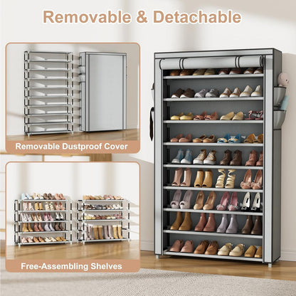 VILICK Shoe Rack with Cover Narrow Shoe Organizer with 4 Side Pockets 10 Tier Tall Shoe Storage Holds 18-22 Pairs Shoes and Boots Shoe Rack for Closet Entryway Garage