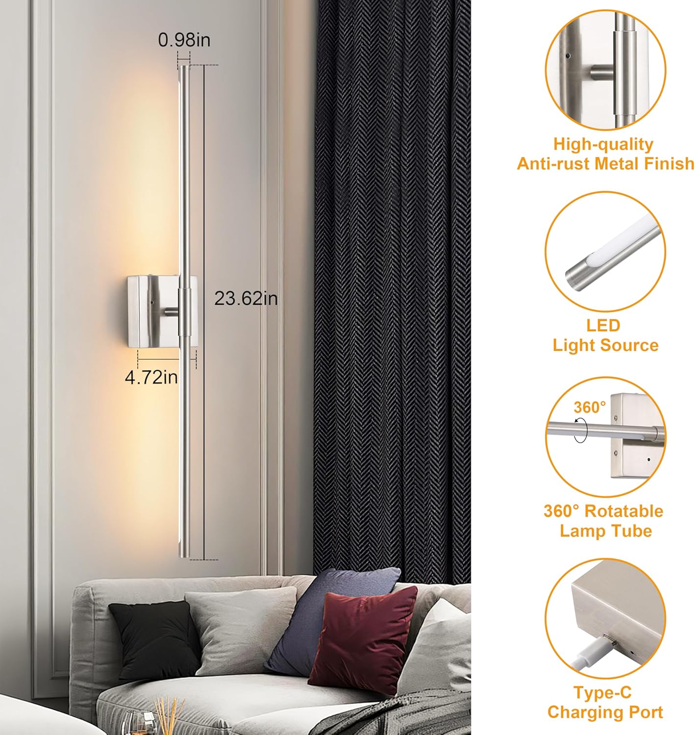 Morauroral Battery Operated Wall Sconces Set of 2, 10000mAh Rechargeable Sconces, 3000K-6000K Dimmable LED Wall Lamp with Remote, 24 Inch Black Gold Wireless Wall Lights for Bedroom, Living Room