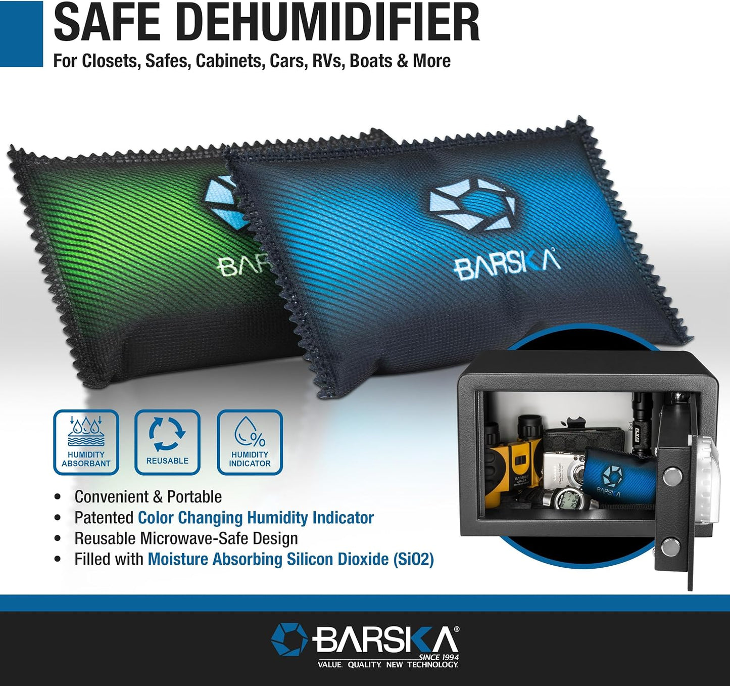 BARSKA Rechargeable Desiccant Dehumidifier - Safe Moisture Absorber for Home Closets, Gun Safes, Basement, Garage, Cars - Microwaveable - Portable Blue Dehumidifying Solution