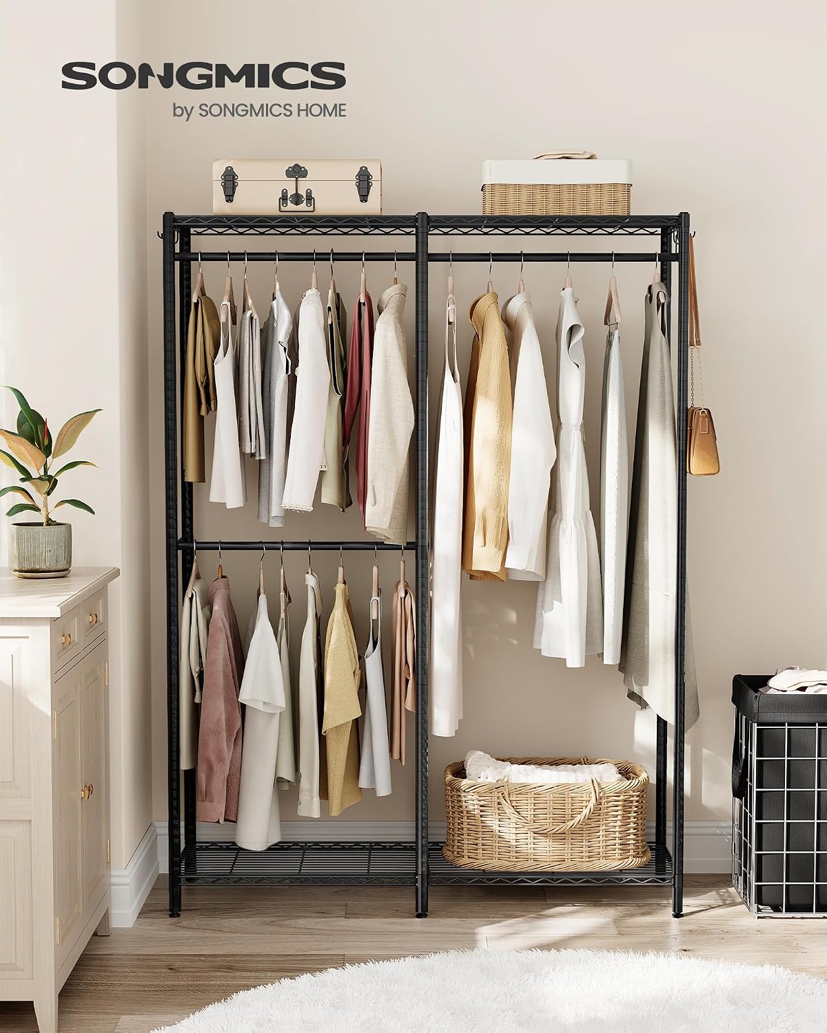 SONGMICS Heavy-Duty Clothes Rack, Garment Rack, Portable Closet, 68.7-Inch Wide Clothing Rack with Adjustable Mesh Shelves and Hanging Rails, Ink Black ULGR433B01