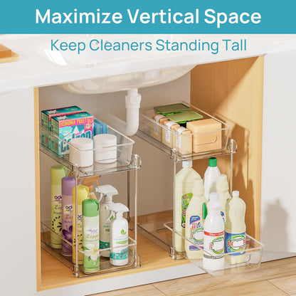 Vtopmart 2 Tier Bathroom Storage Organizer, 2 Pack Clear Under Sink Organizers Vanity Counter Container, Cabinet Drawers Bins, Pull-Out Organization with Track for Pantry, Kitchen