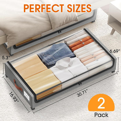 SpaceHacks Under Bed Storage with Wheels 2Pack Storage Containers with Clear Window&Label Under Bed Drawers Rolling Under Bed Storage for Clothes,Shoes, Blankets (30.71 x 16.93 x 6.69 in, Dark Grey)