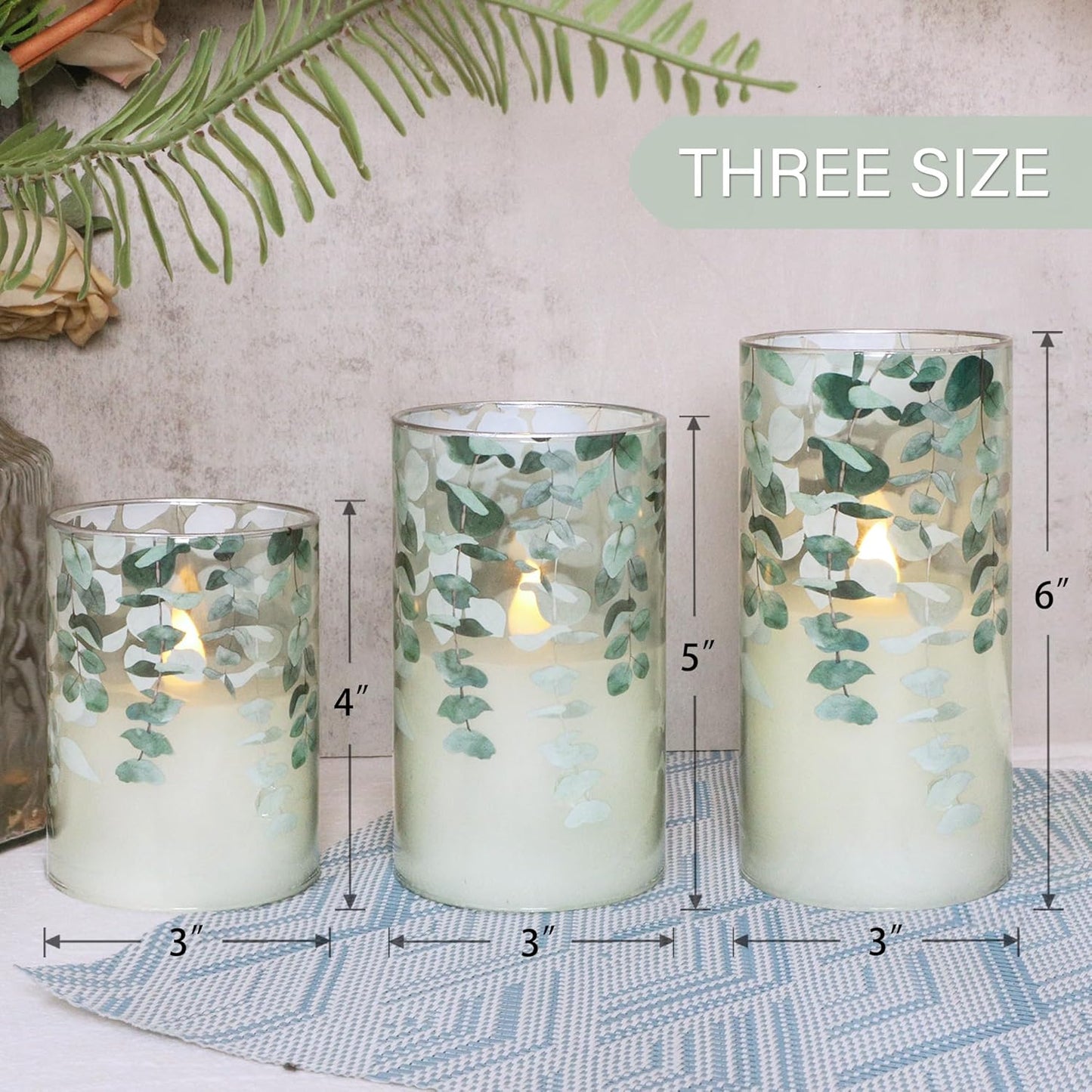 Green Glass Flameless Candles Remote Timer Eucalyptus Leaves Greenery Design Battery Operated Flicker Pillar Candle for Wedding Centerpiece Spring Easter Farmhouse Home Decoration, Set of 3