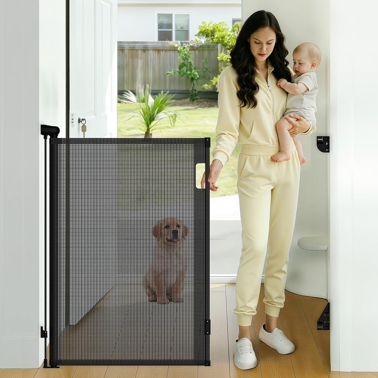 Retractable Baby Gate, 38" Extra Tall Mesh Dog Gate with Auto-Tension Design, 71" Wide One-Hand Operation Doorway Gates for Pets & Babies, No Bottom Rail Safety Gate for Hallways, Black