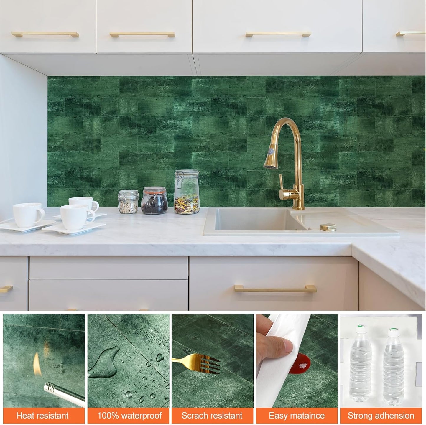 10- Sheet Polished White Peel and Stick Backsplash, 12’’Luxury PVC Ceramic Look Self Stick Subway Tiles, Waterproof Peel and Stick Wall Tiles for Kitchen and Bathrrom