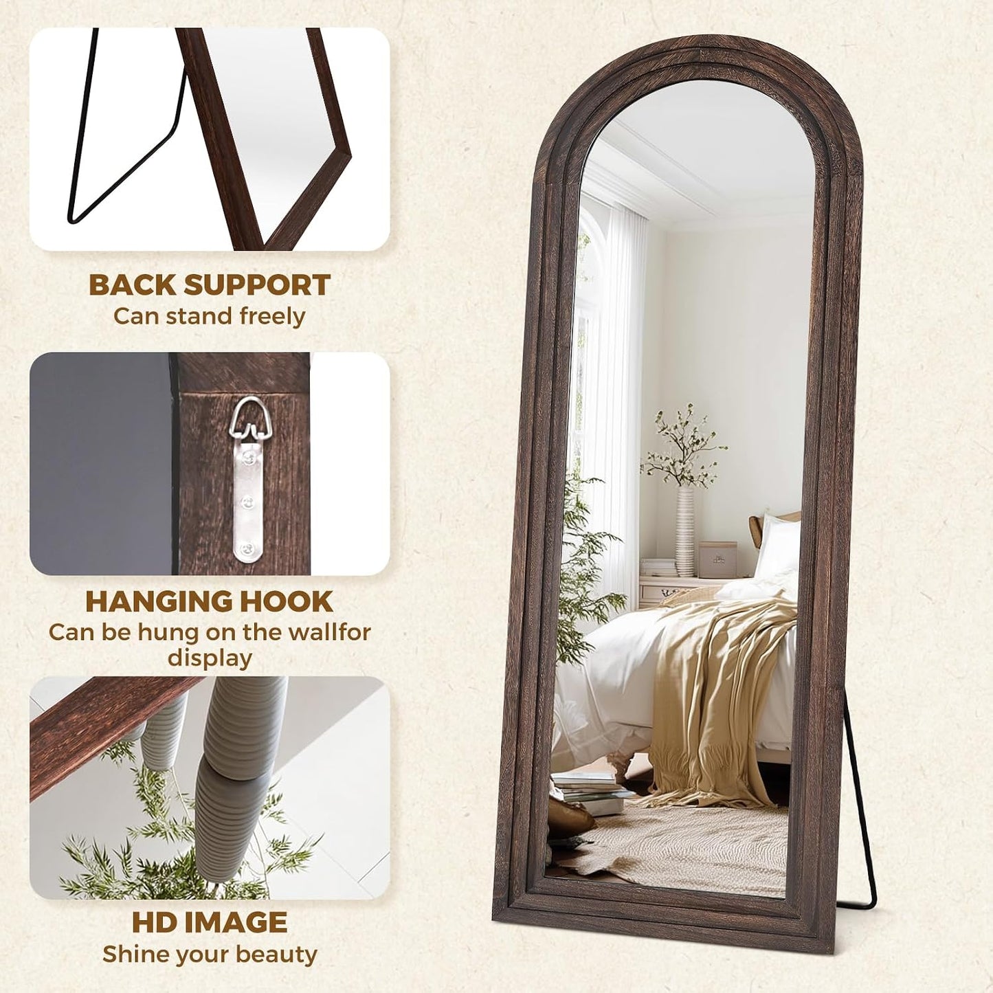 Solid Wood Full Length Mirror - 65"x22" Arched Floor Mirror, Free Standing & Wall Mounted - Elegant Design for Bedroom, Dressing Room, Hallway, Brown