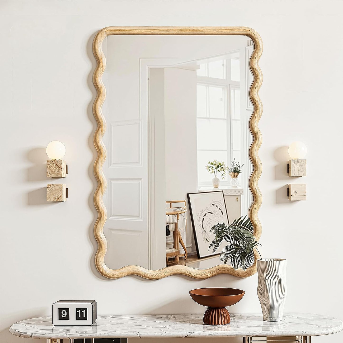 Full Length Mirror, 55"x28" Boho Wavy Wood Floor Mirror, for Bathroom, Bedroom, Living Room, Cloakroom, Entryway