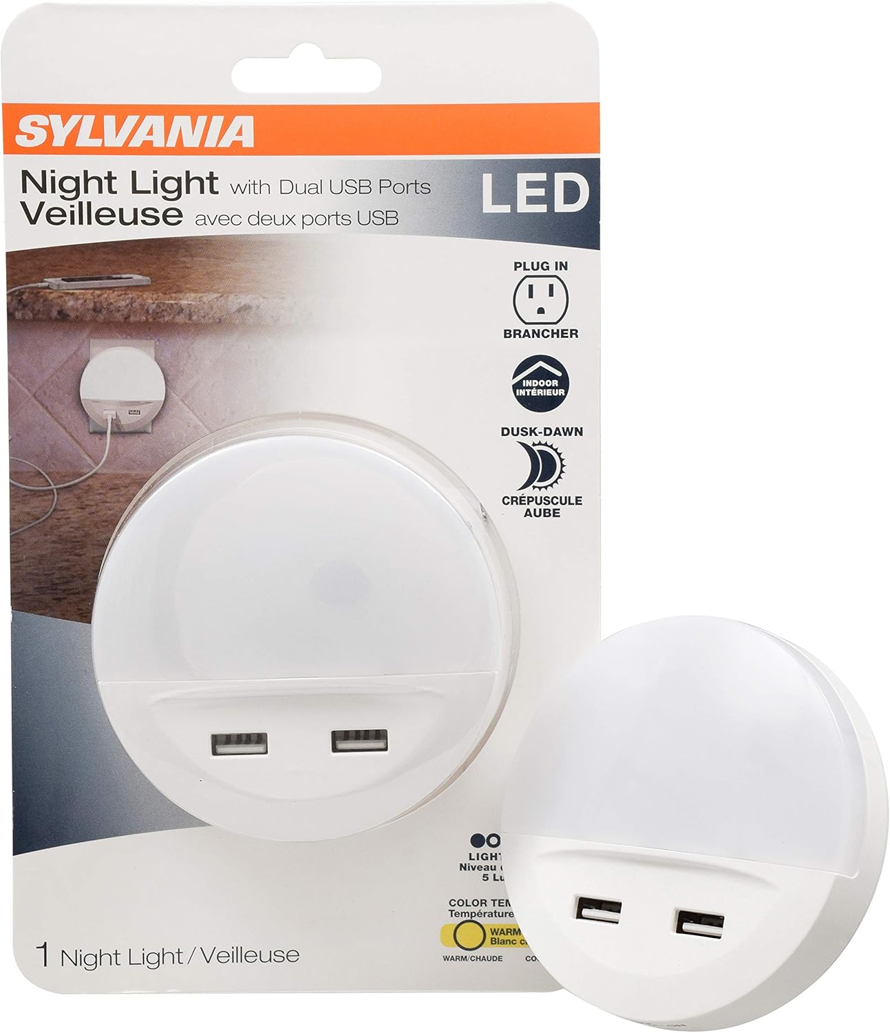 LEDVANCE Sylvania LED Mini Automatic Plug-in Night Light with Sensor, Motion Activated, Dusk to Dawn, Warm White, Plug-in Type - 1 Pack (64988)