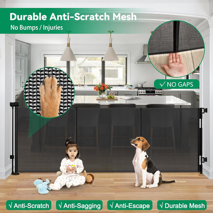 Reinforced 50" Wide Retractable Baby Gates for Doorways, Retractable Dog Gate for Stairs with Support Rods – Prevent Crawling Under, Outdoor Indoor Mesh Baby Gate Retractable Gates for Dogs, White