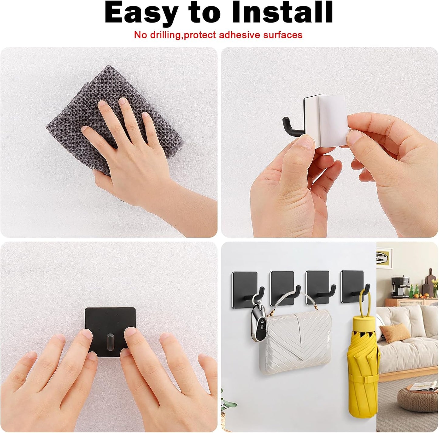 Livabber Adhesive Towel Hooks, 304 Stainless Steel Self Sticky Wall Hooks Waterproof Shower Hooks for Robe/Clothes, No Drilling Towel Hangers for Bathroom Kitchen Bedroom (Brushed Nickel, 6 Packs)