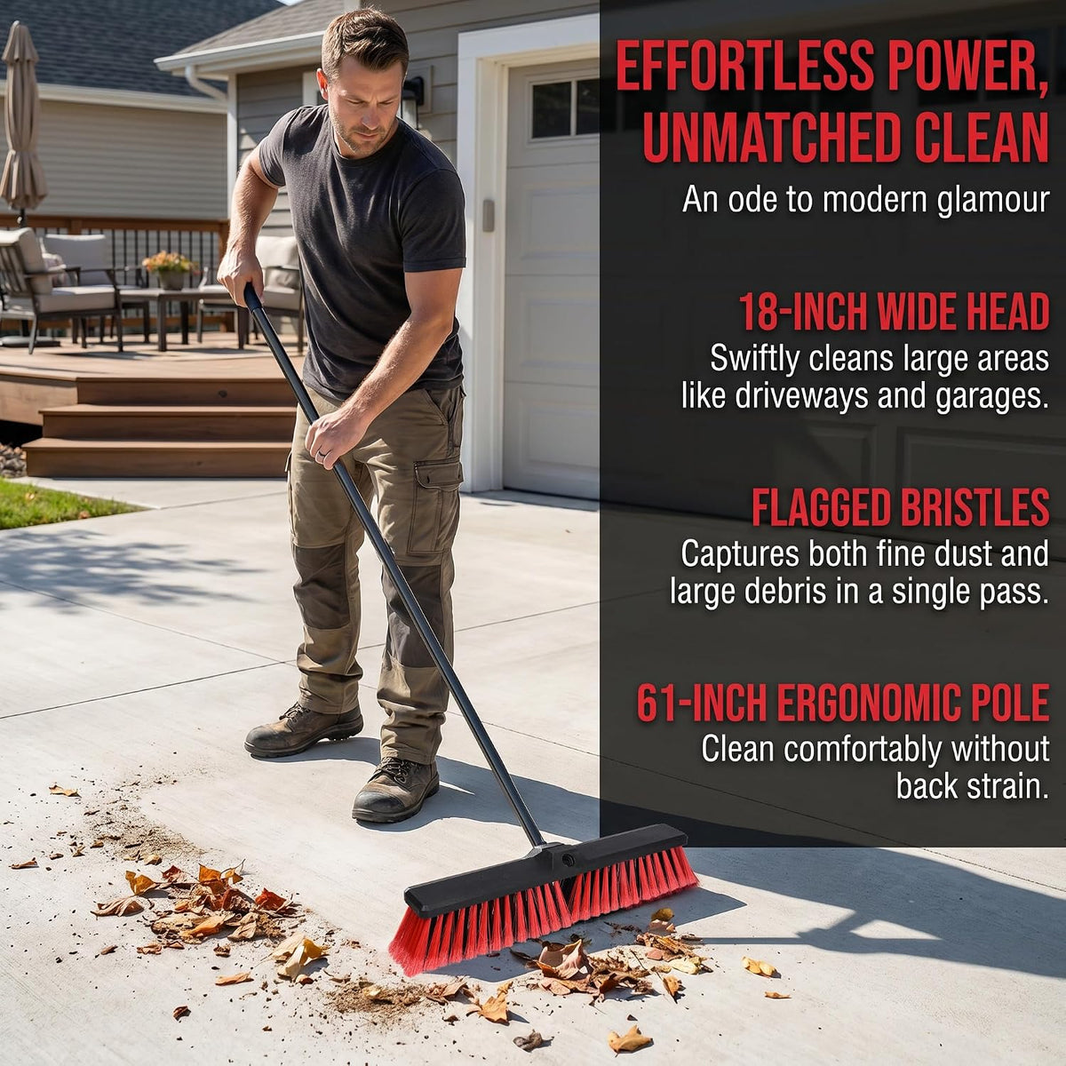 18" Heavy Duty Push Broom - 61" Adjustable 4-Section Metal Handle Stiff Flagged Hard Bristles Indoor Outdoor Floor Broom for Garage Patio Concrete Deck Shop Warehouse (Yellow, 18inches Wide)