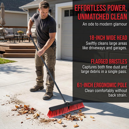 18" Heavy Duty Push Broom - 61" Adjustable 4-Section Metal Handle Stiff Flagged Hard Bristles Indoor Outdoor Floor Broom for Garage Patio Concrete Deck Shop Warehouse (Yellow, 18inches Wide)
