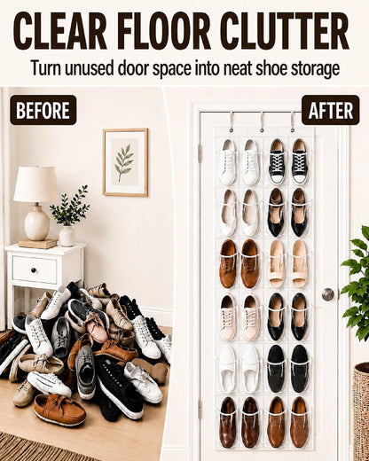 Over the Door Shoe Organizer with 24 Crystal Clear Pockets and Metal Hooks – Heavy Duty Hanging Shoe Storage Rack for Closet, Bathroom, Dorm – Space Saving for Shoes, Accessories, Toys (White)
