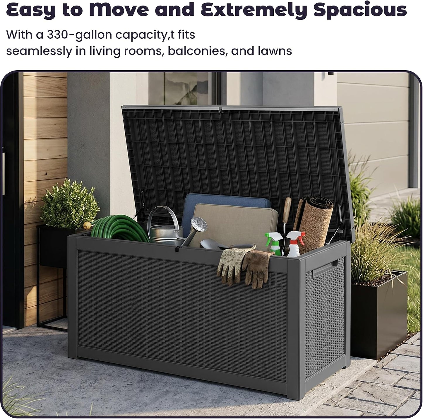 PatioZen 50 Gallon Deck Box Outdoor, Weatherproof Resin Patio Storage Box, Waterproof Outdoor Storage Boxes with Lid Lockable for Cushions, Garden Tools,Grey