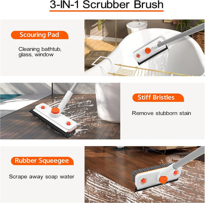 Floor Scrub Brush with Long Handle, 3 in 1 Extendable Stiff Bristle Scrape Brush, 60-In Shower Scrubber Brush with Squeegee and 2 Replacement Heads for Cleaning Bathroom Kitchen Deck Tub Tile