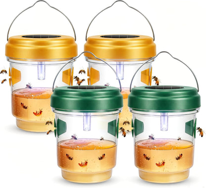 4 Pack Solar Wasp Traps Outdoor Hanging with LED Light, Bee Catcher Reusable Yellow Jacket Trap for Outdoors, Carpenter Bee Protection for Patio, Backyard, Garden