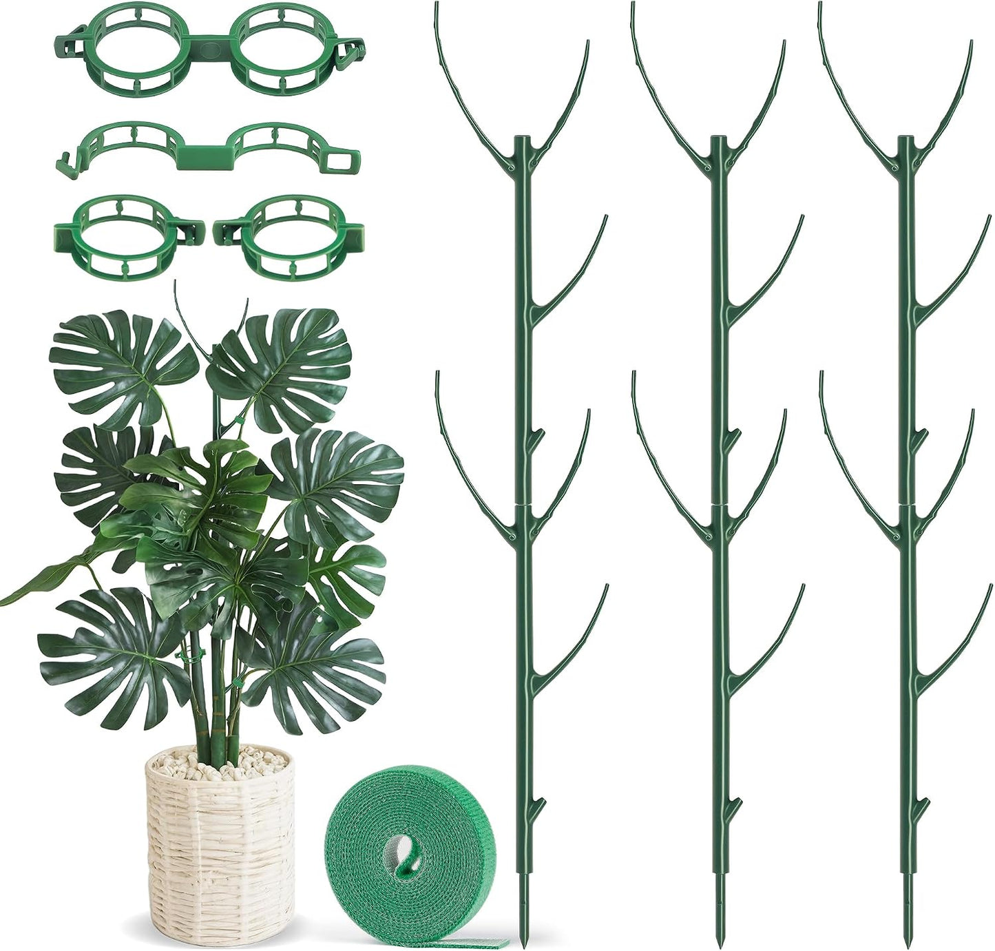 Plant Support Stakes, 6 Pcs Stackable Plant Support Poles with 20 Clips, 1 Roll Tie for Indoor Outdoor Monstera Climbing Plants, Green