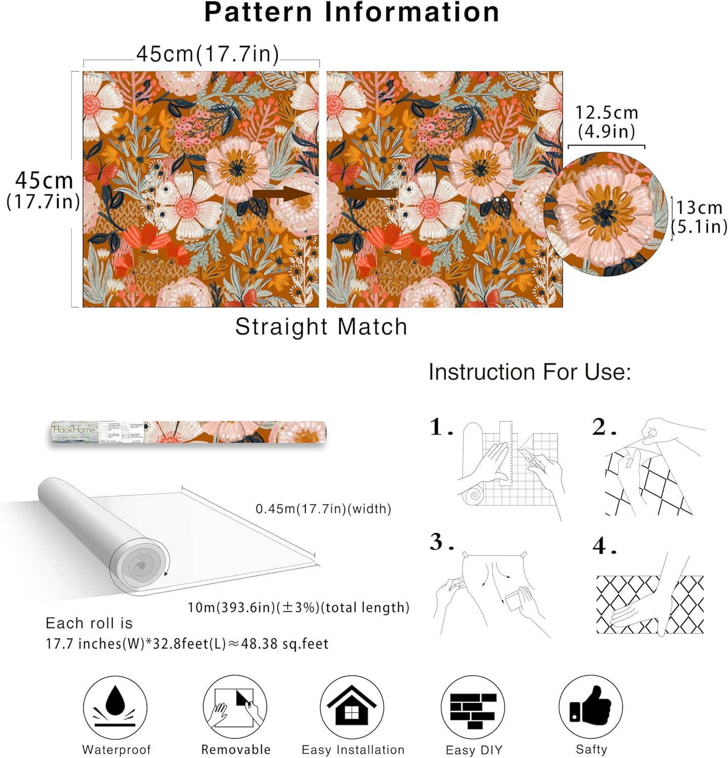 HAOKHOME Boho Peel and Stick Wallpaper Floral Wall Paper Removable for Bedroom Navy/Pink/Orange Contact Paper 17.7in x 9.8ft