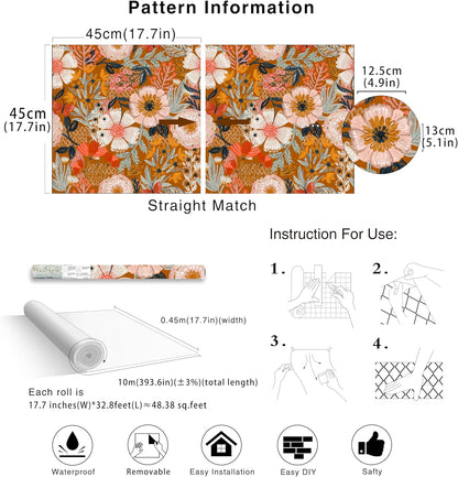 HAOKHOME Boho Peel and Stick Wallpaper Floral Wall Paper Removable for Bedroom Navy/Pink/Orange Contact Paper 17.7in x 9.8ft