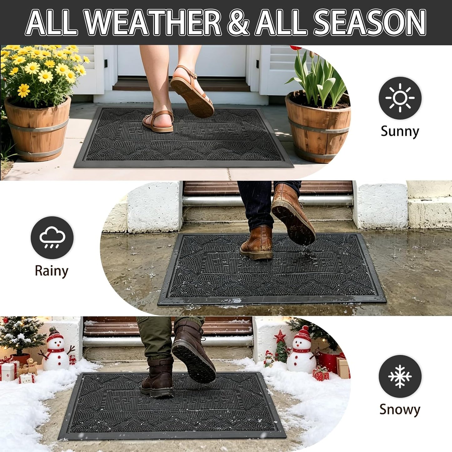 FRAMICS Front Door Mat Outside Entrance, Heavy Duty Rubber Door Mats Outdoor Welcome Mat Waterproof Doormat Non Slip for Entryway Doormats Dirt Trapper Indoor Mats All Seasons, 17 x 30 Inches, Black