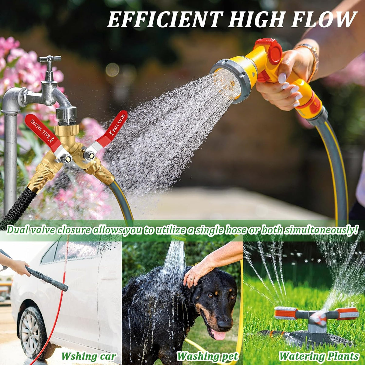 2 Way Garden Hose Splitter, Heavy Duty Brass Y Valve, 3/4” GHT Outdoor Faucet Splitter with Dual Shut Off Valves, 304 Stainless Steel Long Handles, Leak-Proof