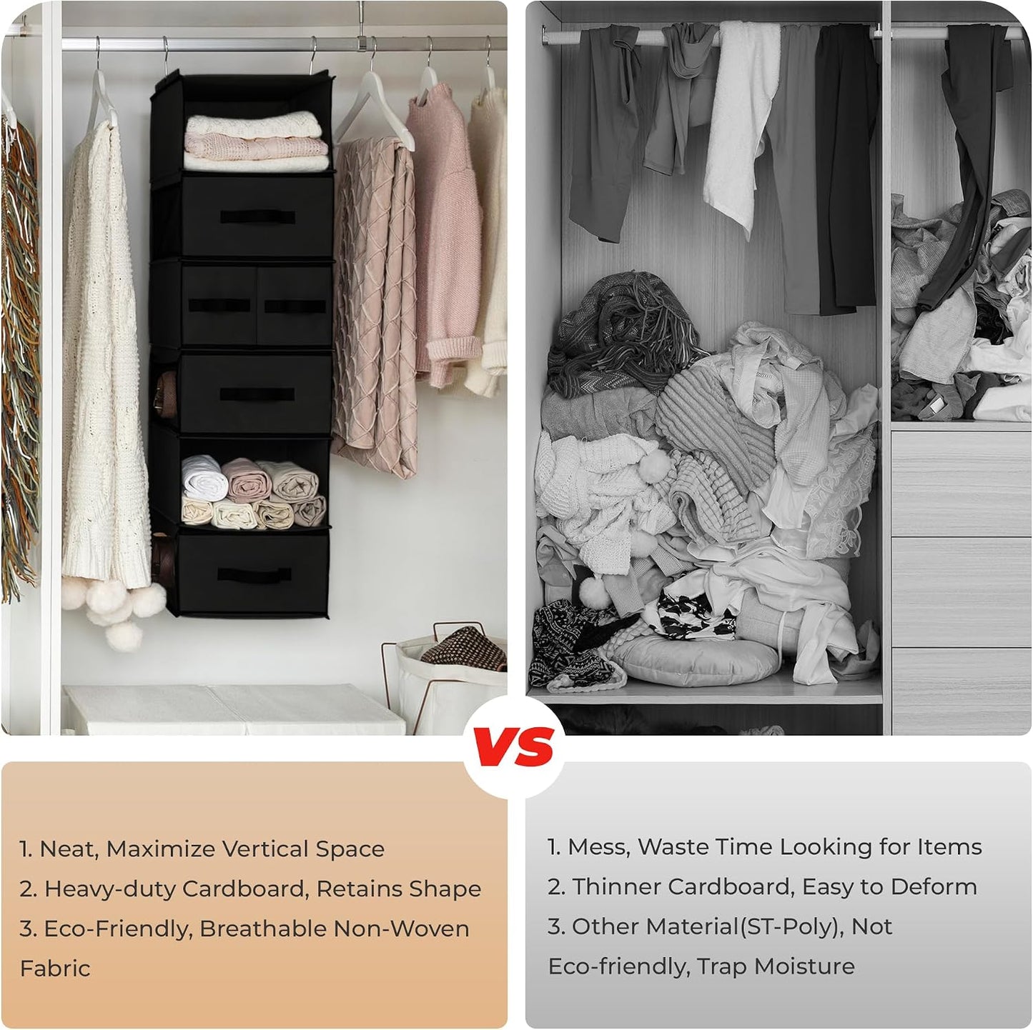 GRANNY SAYS Hanging Closet Organizer 6 Shelves, Closet Organizers and Storage with 5 Drawers, 6 Side Pockets Closet Hanging Organizer, Hanging Storage Organizer for Closet, Baby Clothes, Gray