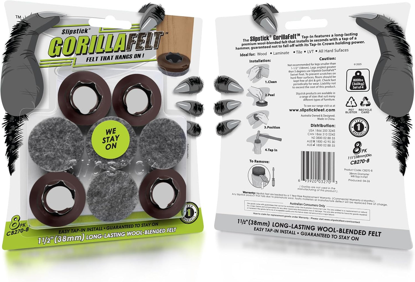 GorillaFelt Chair Leg Floor Protectors/Felt Chair Glides (Set of 16) Tap-On Felt Furniture Pads Guaranteed to Stay On, 1 Inch Round Chair Sliders