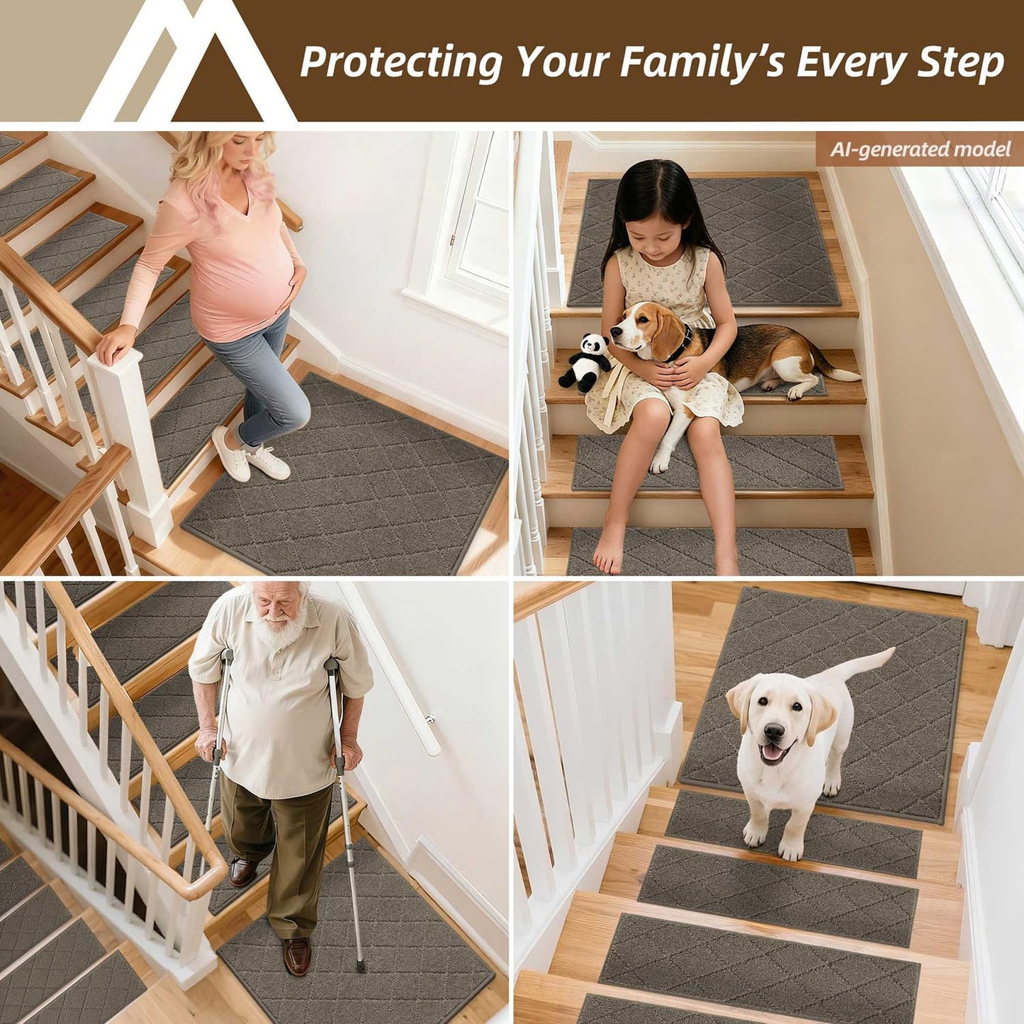 COSY HOMEER Edging Stair Treads Non-Slip Carpet Mat 28inX9in Indoor Stair Runners for Wooden Steps, Edging Stair Rugs for Kids and Dogs, 100% Polyester TPE Backing(4pc, Beige)