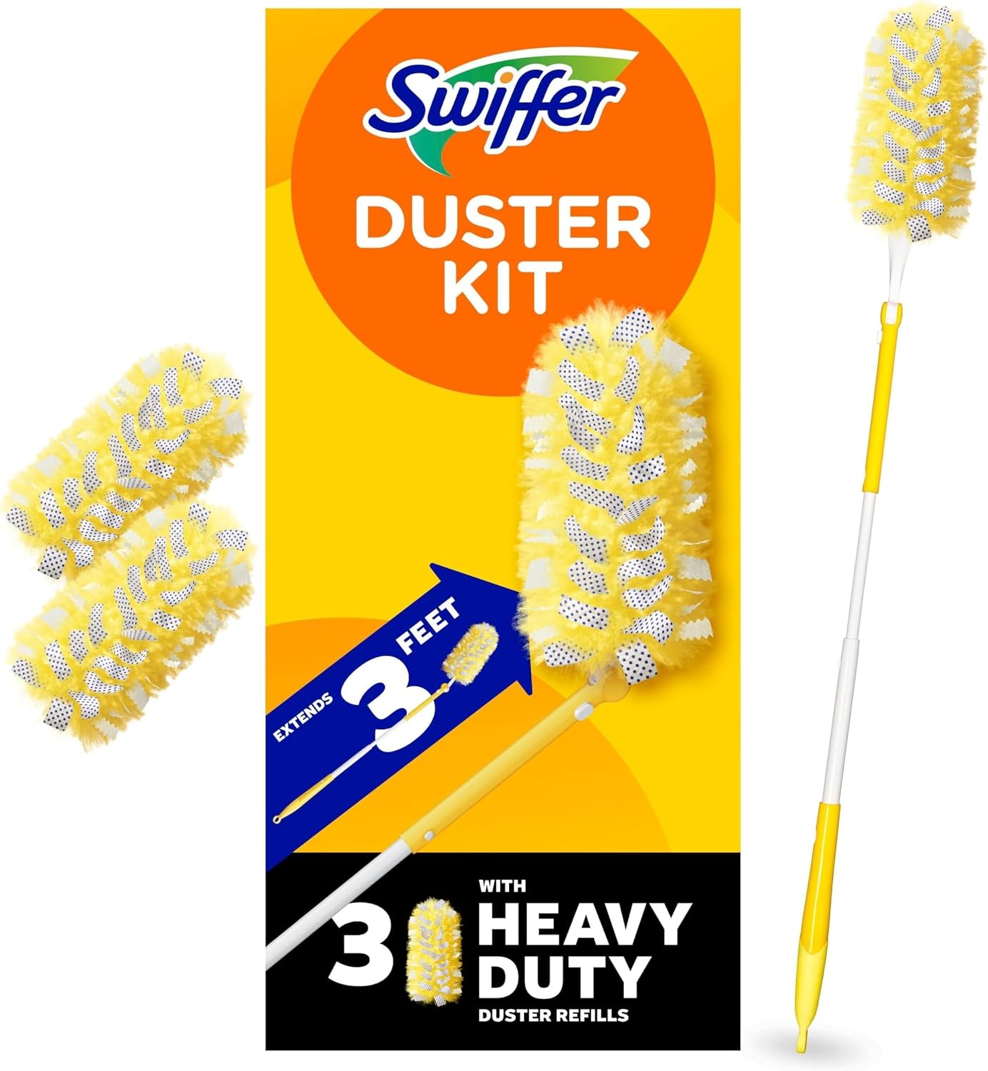Swiffer Duster Kit with 3 ft Extendable Handle | Includes 1 Duster Extendable Handle (3 ft). 3 Heavy Duty Duster Refills. For Ceiling Fans, Vents, and Hard to Reach Places