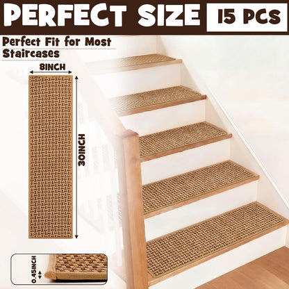 Dunzy 15 Pack Neutral Stair Treads for Wooden Step Self-adhesive Woven Stair Treads Indoor 8x30'' Non-slip Step Carpet Machine Washable Runner Safety Rug Mat for Carpet Elders Pets(Black Coffee Color)