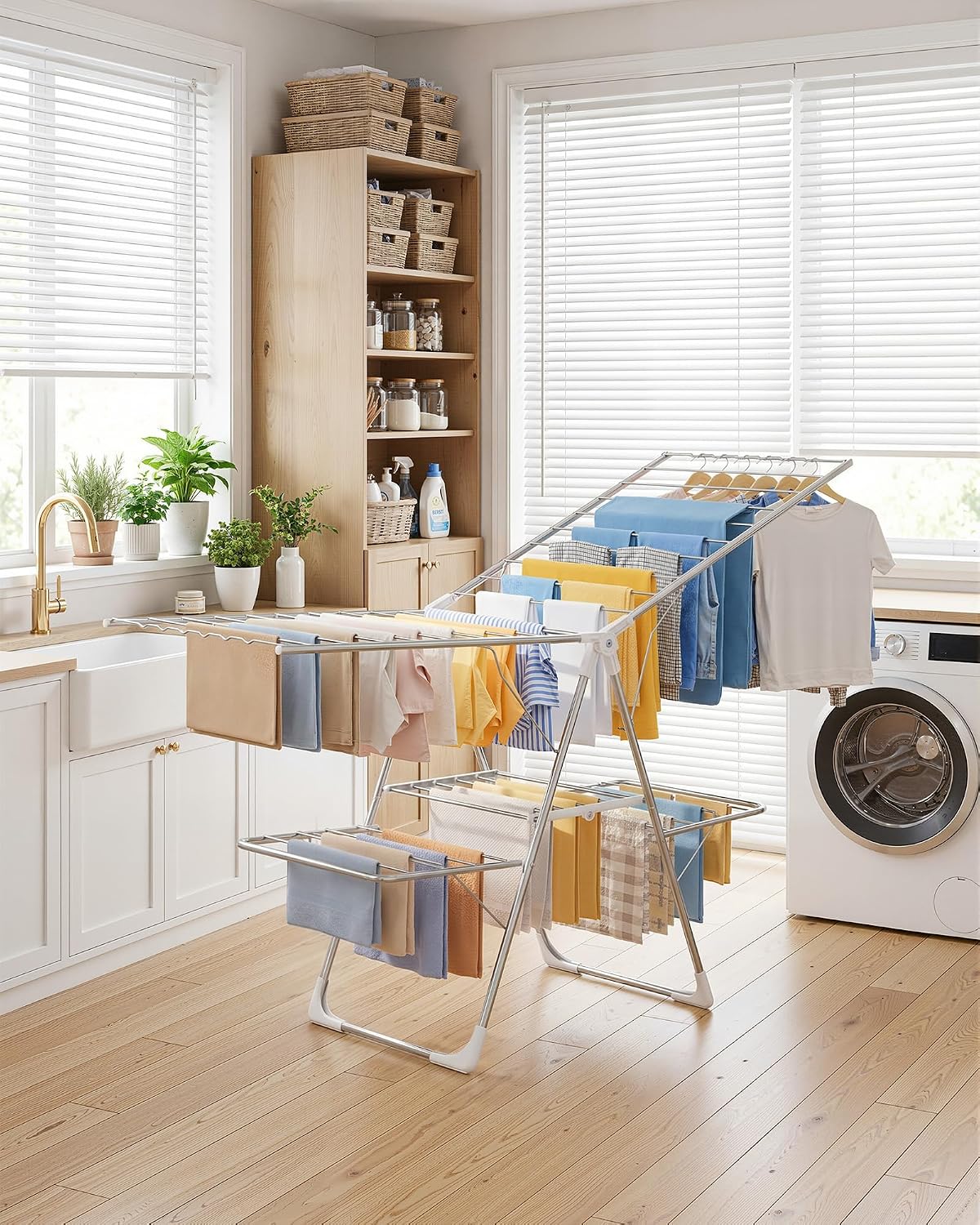 Sakugi Clothes Drying Rack, Foldable 2-Level Laundry Drying Rack with Height-Adjustable Wings, for Clothing & Bedding, Free-Standing Space-Saving Rack, Indoor & Outdoor, 55.5" L × 22.8" W, Gray