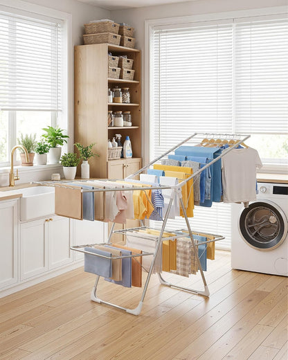 Sakugi Clothes Drying Rack, Foldable 2-Level Laundry Drying Rack with Height-Adjustable Wings, for Clothing & Bedding, Free-Standing Space-Saving Rack, Indoor & Outdoor, 55.5" L × 22.8" W, Gray