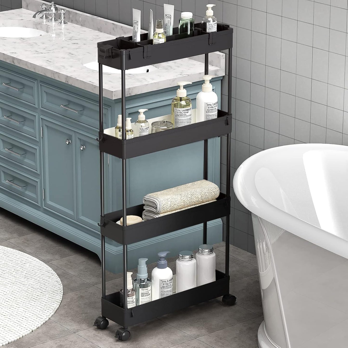 SPACELEAD Slim Storage Cart 4 Tier,Bathroom Organizer Rolling Utility, Mobile Shelving Unit Slide Out for Office, Kitchen, Laundry Room & Narrow Places,White