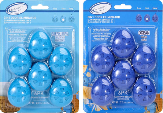 Air Jungles 3-in-1 Odor Eliminator Balls Bundle, Fresh Linen & Ocean Scent, 6 Count Each (12 Total), Essential Oil Deodorizing Balls for Shoes, Gym Bags, Lockers, Closets, Hampers & Drawers