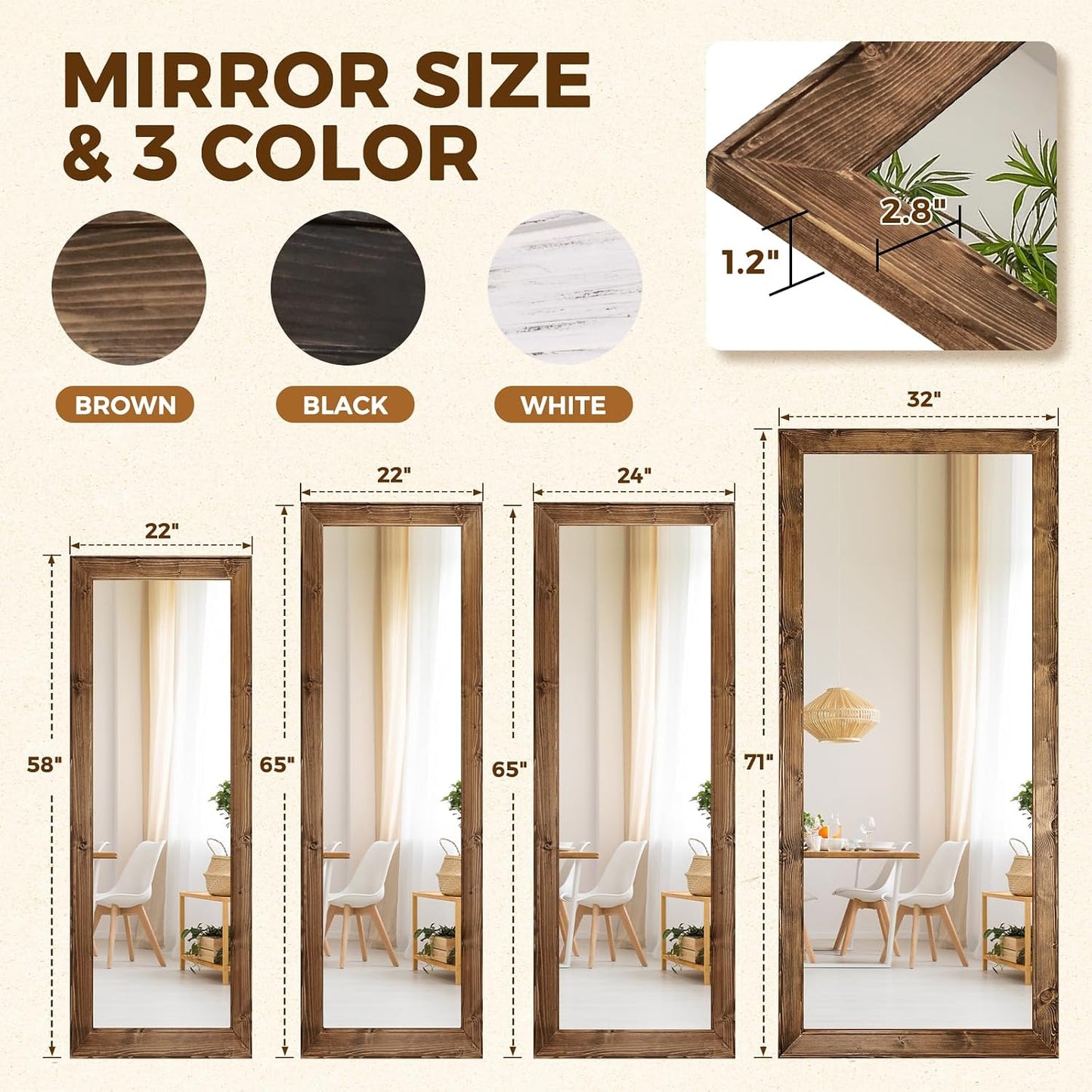 Solid Wood Full Length Mirror - 65"x22" Arched Floor Mirror, Free Standing & Wall Mounted - Elegant Design for Bedroom, Dressing Room, Hallway, Brown