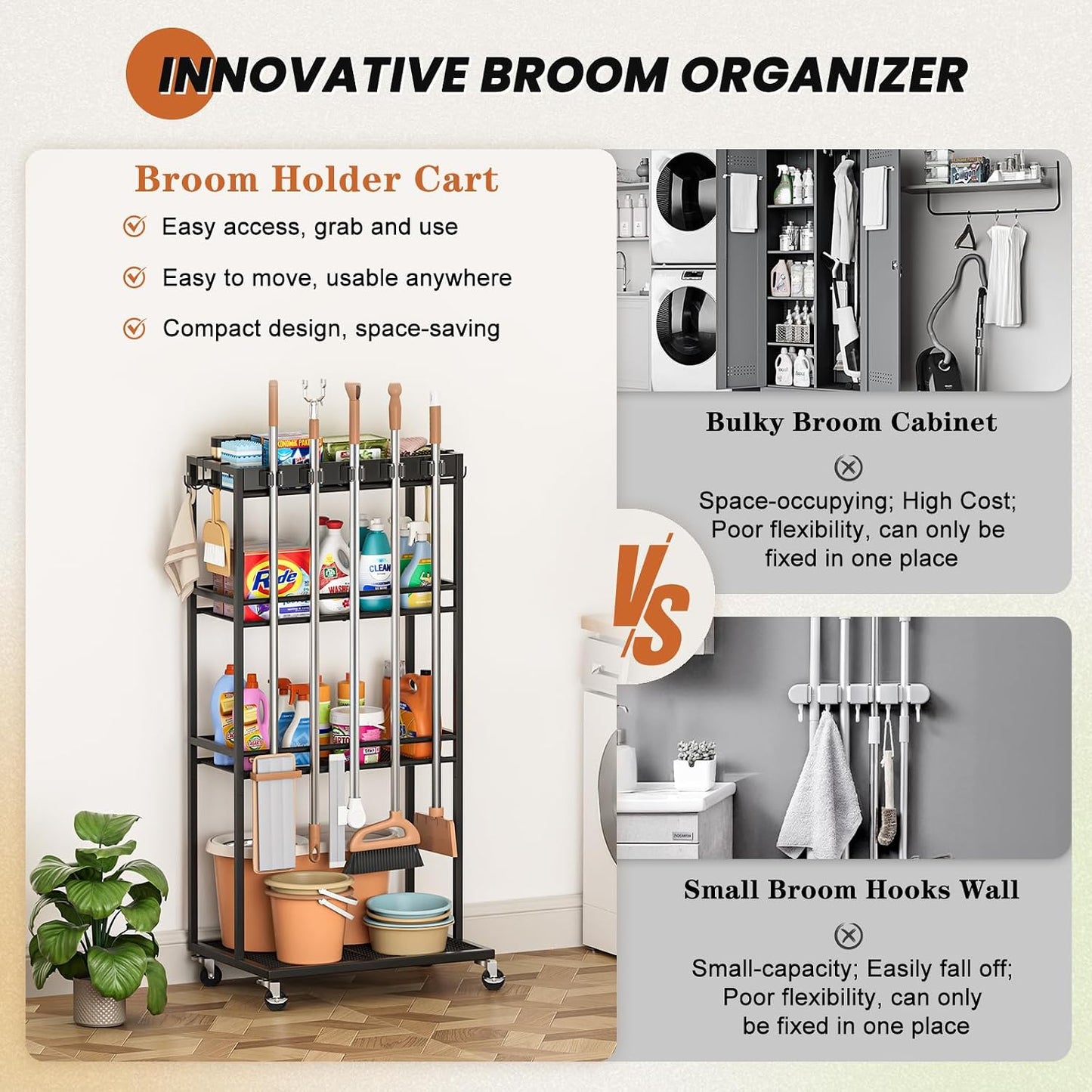 Olakee Taller Broom Holder with Cleaning Supplies Organizer, Broom Closet Storage Cabinet with Mop Hanger Gripper Rack Hooks, Housekeeping Janitorial Cart with Cleaning Caddy, Garage Home Improvement
