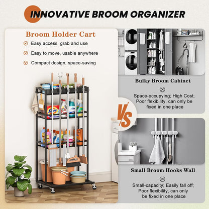 Olakee Taller Broom Holder with Cleaning Supplies Organizer, Broom Closet Storage Cabinet with Mop Hanger Gripper Rack Hooks, Housekeeping Janitorial Cart with Cleaning Caddy, Garage Home Improvement