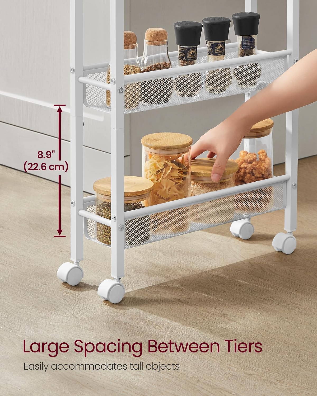 VASAGLE Slim Rolling Cart, 4-Tier Narrow Storage Cart with Handle, 5.1 Inches Deep, Metal Frame, for Kitchen, Dining Room, Living Room, Home Office, Rustic Brown and Classic Black ULRC032B01V1