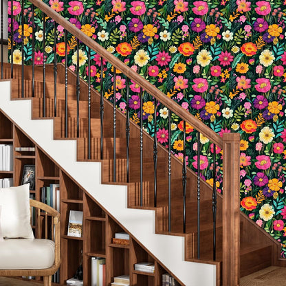 BOKEBEVE Watercolour Floral Peel and Stick Wallpaper Boho Vibrant Contact Paper Renter Friendly Wall Paper for Countertop Cabinet Wall Shelf Liner Removable Blue Colorful 17.5 x 118In